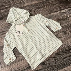 Zara linen blend cotton hooded shirt baby boy 12-18 months new white green